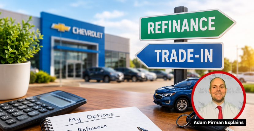 Thoughtful man at a Chevrolet dealership, cars in background. Overlay with 'Adam Pirman Explains' and his photo.