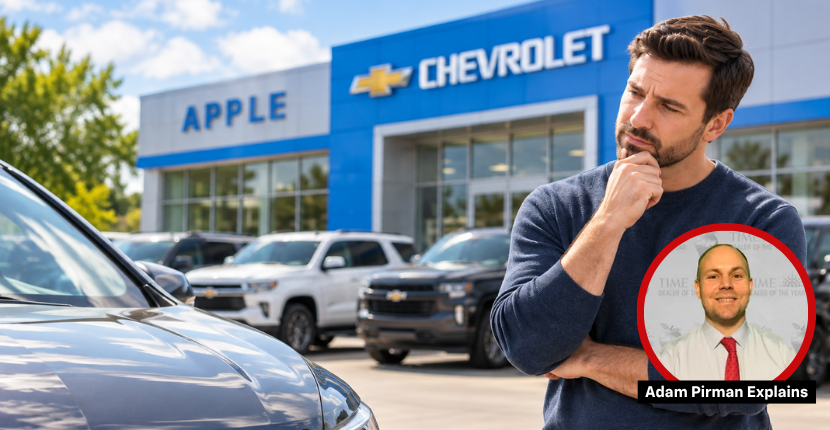 Thoughtful man at a Chevrolet dealership, cars in background. Overlay with 'Adam Pirman Explains' and his photo.